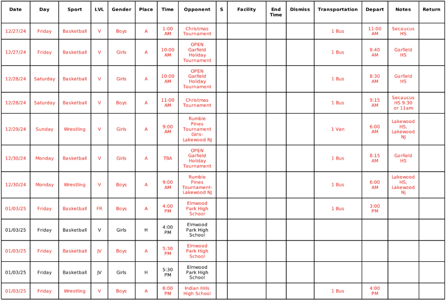 Weekly Sports Schedules